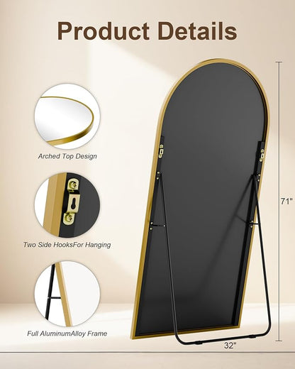 71"x32" Floor Mirror Full Length, Arched Full Length Mirror with Stand, Large Full Body Mirrors for Bedroom Living Room or Cloakroom Gold