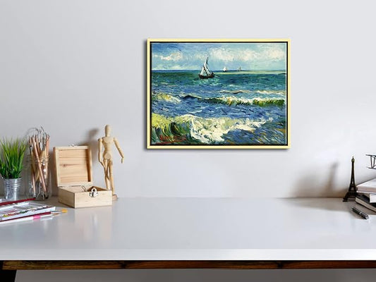 Wieco Art Framed Canvas Wall Art Seascape at Saintes Maries by Vincent Van Gogh Modern Canvas Prints Sea Pictures on Canvas Art for Living Room Home Decorations Gold Frame