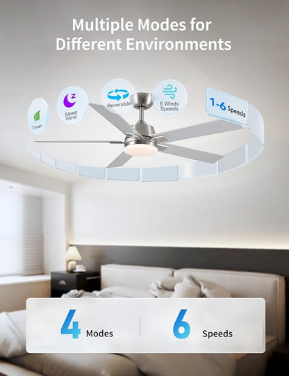 Rayqueen 52 Inch Ceiling Fans with Lights and Remote, 6 Speed Reversible DC Motor, 3CCT Dimmable LED, Modern Brushed Nickel Ceiling Fan for Bedroom, Living room & Covered Outdoor,Includes Downrod