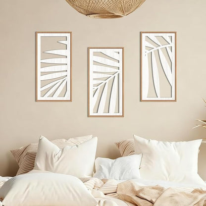 IARTTOP Tropical Palm Tree Leaf Wood Wall Art White Framed 8x16 Inch Set of 3 Hawaii Plant Leaves Wooden Wall Decor Minimalist Boho Artwork for Living room Bedroom Office