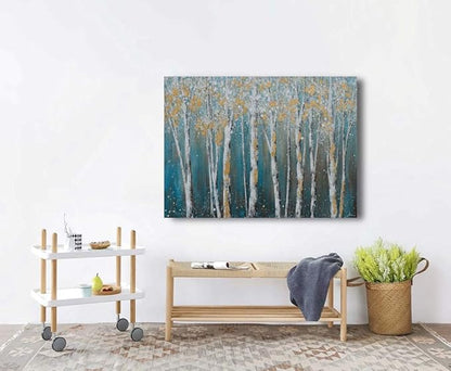 Yihui Arts Canvas Wall Art White Grey Birch Trees Branches Painting Gold Foil Leaves Pictures, Modern One Framed Large Size for Living Room Bedroom Home Office Decor