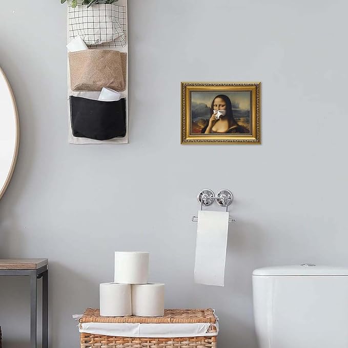 YD&YZY Gold Framed Funny Bathroom Wall Art Mona Lisa Humor Amusing Toilet Art Pinching Nose Wall Decor Vintage Unique Art Painting Picture Print Whimsical Bathroom Restroom 8x10 inch Small Framed
