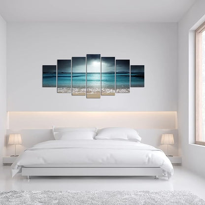 iKNOW FOTO 7 Multi Panel Xlarge Modern Canvas Prints Wall Art Blue Ocean Seascape Pictures Beach Landscape Printed On Canvas Ready to Hang for Living Room Home Office Decor 70x32 inch