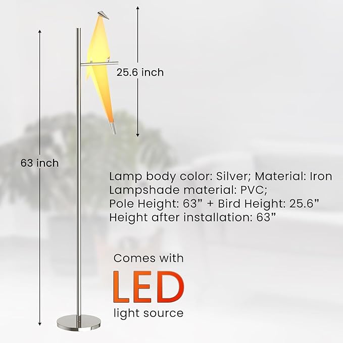 63" Modern Bird Floor Lamp, Silver Crane Bird Swing Floor Light Fixtures for Bedroom Dining Living Room