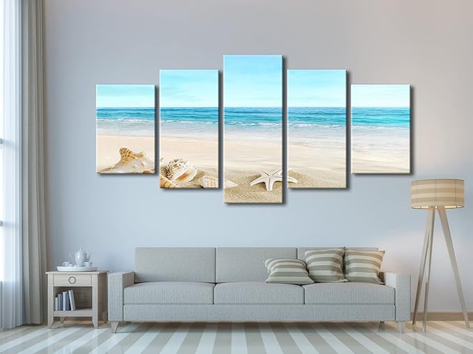 Pyradecor Extra Large Sea Shells Canvas Wall Art Modern Seascape Artwork Landscape Pictures Paintings Canvas Prints for Home Office Decorations