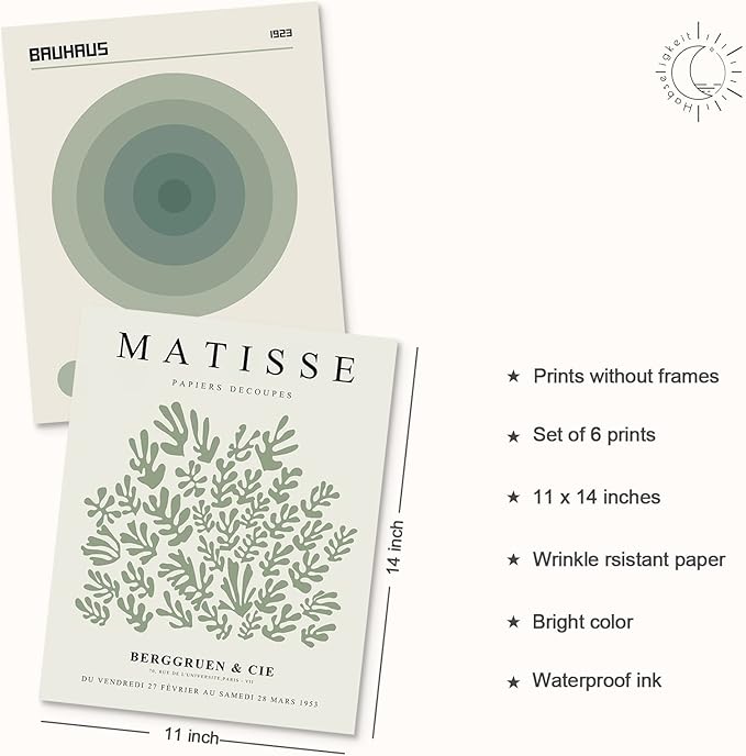 Habseligkeit Sage Green Matisse Wall Art Posters, Boho Vintage Master Wall Decors, Posters for Room Aesthetic Unframed, 11x14in, Set of 6