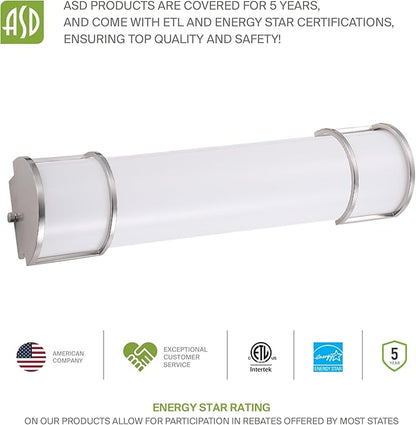 ASD LED 24" Vanity Flush Mount Light Fixture, Linear Bathroom Lighting Bar | 3CCT, Dimmable, Energy Star, ETL Listed | 25W 1950LM 3000-5000K 120V | Long Bath Wall Sconce Over Mirror | Nickel, 4 Pack