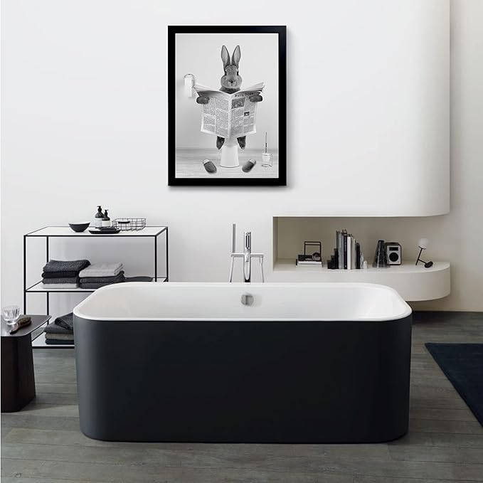YongArt Black Framed Poster, Cute Rabbit Bathroom Wall Art, Farmhouse Style Animals Bathroom Wall Decor, Black and White Canvas Wall Art Ready to Hang for Kids Bathroom