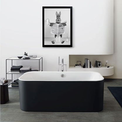 YongArt Black Framed Poster, Cute Rabbit Bathroom Wall Art, Farmhouse Style Animals Bathroom Wall Decor, Black and White Canvas Wall Art Ready to Hang for Kids Bathroom