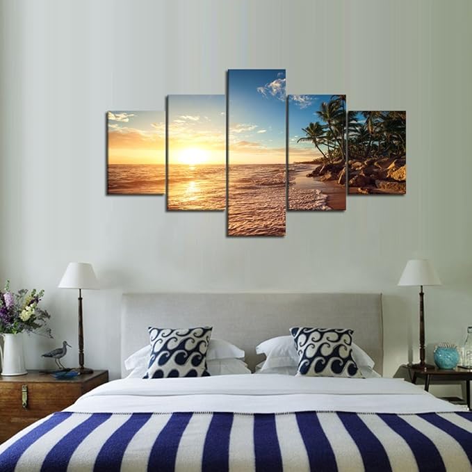 Beautiful Extra Large 5 Piece Sunset Beach Palm Landscape Artwork Pictures Painting on Canvas Wall Art for Living Room Prints and Posters for Home Decorations Wall Decor Set Framed (60" W x 40" H)