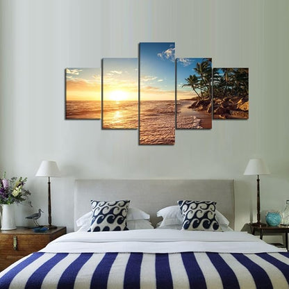 Beautiful Extra Large 5 Piece Sunset Beach Palm Landscape Artwork Pictures Painting on Canvas Wall Art for Living Room Prints and Posters for Home Decorations Wall Decor Set Framed (60" W x 40" H)