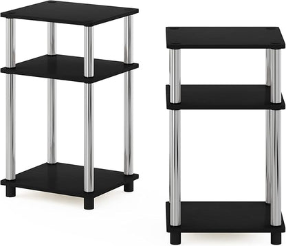 Furinno JUST Side Table Set of 2, 3-Tier Modern End Tables, Open Shelves Night Stand, Nightstand Set, Toolless Assembly, for Living Room, Bedroom, Americano/Stainless Steel