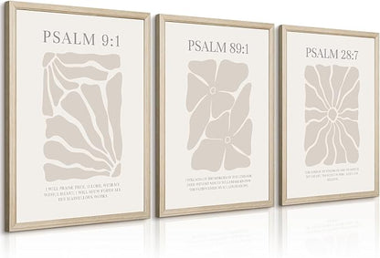 Scripture Christian Wall Art Set of 3 Beige Bible Verses Wall Decor Neutral Psalm Canvas Wall Art Modern Pictures Flower Prints Christian Artwork for Living Room Bedroom 12x16 Inch Framed