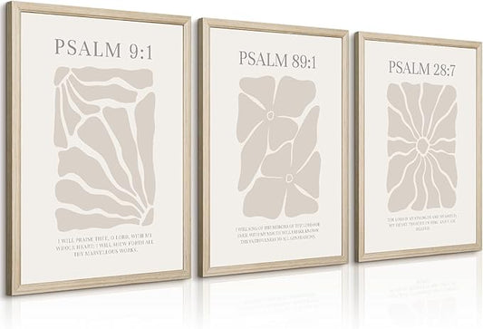 Scripture Christian Wall Art Set of 3 Beige Bible Verses Wall Decor Neutral Psalm Canvas Wall Art Modern Pictures Flower Prints Christian Artwork for Living Room Bedroom 12x16 Inch Framed