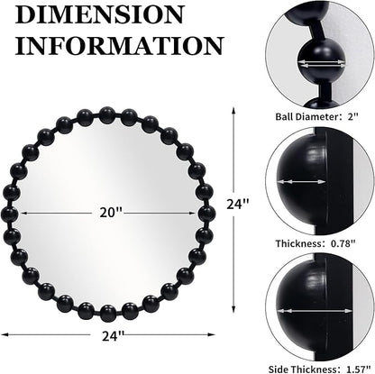 Round Black Mirror 24'', Spherical Frame Round Beaded Mirror for Wall Decor Large Circle Mirror for Bathroom, Dining Roon, Bed Room, Entryway
