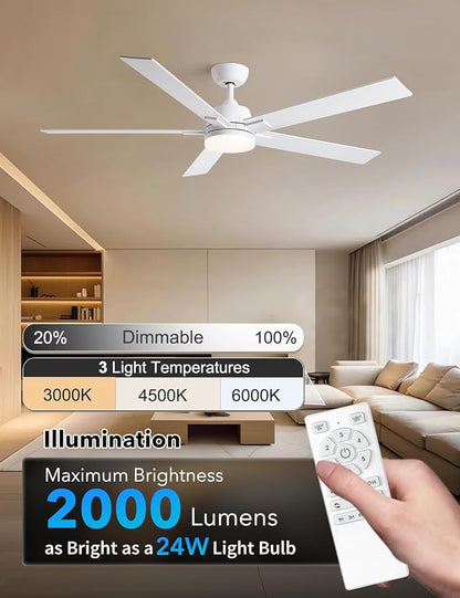 Rayqueen 60 Inch Ceiling Fans with Lights and Remote, 6 Speed Reversible DC Motor, 3CCT Dimmable LED, 5 Blades, White Modern Ceiling Fan for Bedroom, Living Room & Covered Outdoor, Includes Downrod