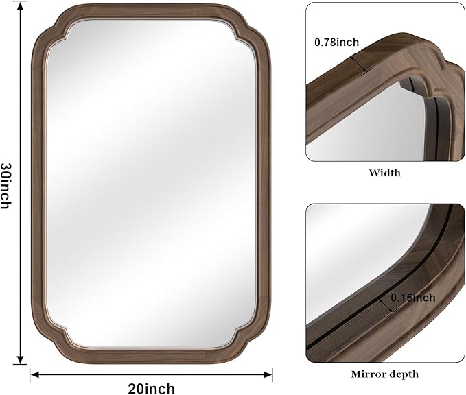 HOMECOOKIN Wood Bathroom Mirror for Wall Decor Arched Rounded Corner Rustic Wood Frame Wall Mirror Home Decorative for Vanity, Living Room, Bedroom, Entryway (20 x 30 inch, Walnut)