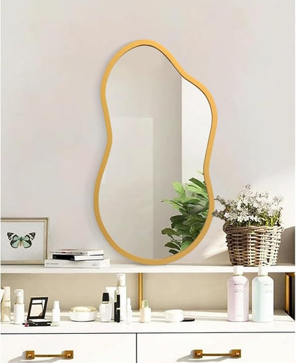 AAZZKANG Large Wall Mirror with Wood Framed 22"x12" Gold Irregular Hanging Mirrors Asymmetrical for Bathroom Bedroom Living Room Entryway
