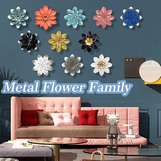 Golden Metal Flower Wall Art Decor, 9.5“ Rustic Modern Floral Sculpture, Distressed Iron Wall Hanging Home Decoration Accent Artworks for Indoor Kitchen Bedroom Living Room Office Outdoor Garden Patio