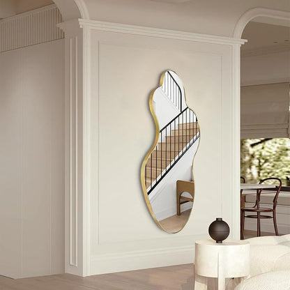Irregular Mirror, 46.5"x24" Asymmetrical Mirror, Gold Metal Frame Abstract Wall Mirrors Decorative, Modern Odd Shaped Mirrors for Living Room Bathroom Bedroom Hallway Entryway Fireplace