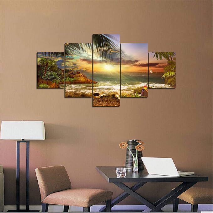 Scene of Sea Waves Palm Tree Landscape Picture Modern Painting on Canvas 5 Piece Framed Wall Art for Living Room Bedroom Kitchen Home Decor Stretched Canvas Wrap Giclee Print (60’’W x 32’’H)
