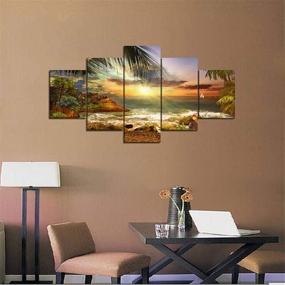 Scene of Sea Waves Palm Tree Landscape Picture Modern Painting on Canvas 5 Piece Framed Wall Art for Living Room Bedroom Kitchen Home Decor Stretched Canvas Wrap Giclee Print (60’’W x 32’’H)