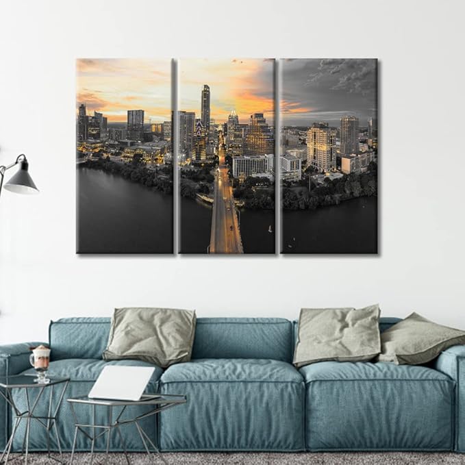 American Cityscape Modern Home Decor 3 Panels Austin Sunset Skyscrapers Natural Landscape Pictures Wall Art for Bedroom, Living Room, Office. Framed Ready to Hang (42" Wx28 H)