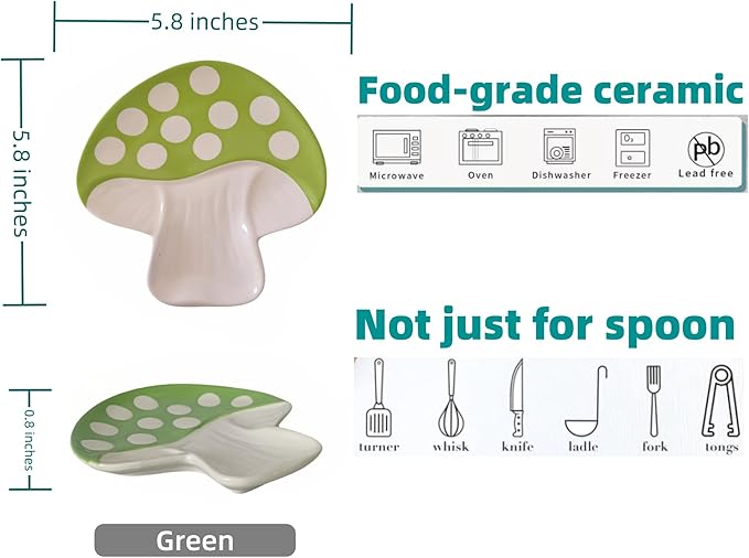 Ceramic Spoon Rest for Stove Top & Kitchen Counter Spoon Holder for Stove & Cooking Spoon Holder for Ladle Cute Spoon & Utensil Rest Tong Spatula Rest, Mushroom Kitchen Decor & Accessories (Green)