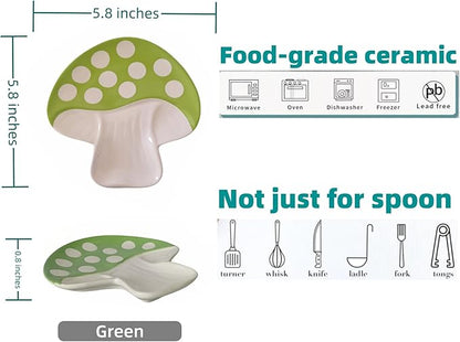 Ceramic Spoon Rest for Stove Top & Kitchen Counter Spoon Holder for Stove & Cooking Spoon Holder for Ladle Cute Spoon & Utensil Rest Tong Spatula Rest, Mushroom Kitchen Decor & Accessories (Green)