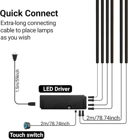 HAMRVL Black LED Recessed Lighting Kit - 6 PCS 16-Inch 3000k Dimmable Warm White LED Lights with Touch Switch, Wall Panel Light for Wood Slat Wall Panels, Headboards, Stairs, Under Cabinet, Home Decor