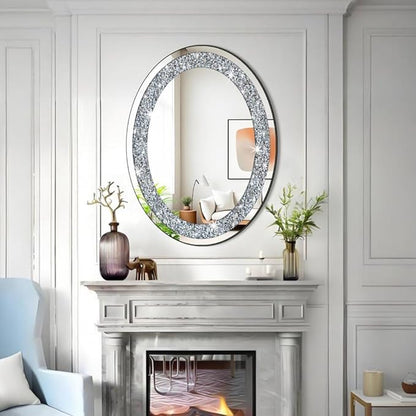 DMDFIRST Crystal Crushed Diamond Oval Shaped Silver Mirror Glam Bling for Wall Decoration 24x32x0.9inch Frameless Wall Hang Sparkly Glass Mirror Stunning Stylish Fashion Home Decor Decorative Mirror