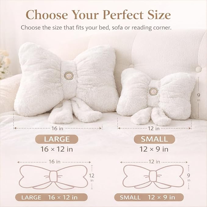 White Bow Pillow 16x12 Inch, Cute Plush Bow Shaped Decorative Accent Pillow, Coquette Room Decor for Teen Girls Bedroom Bed Sofa Chair