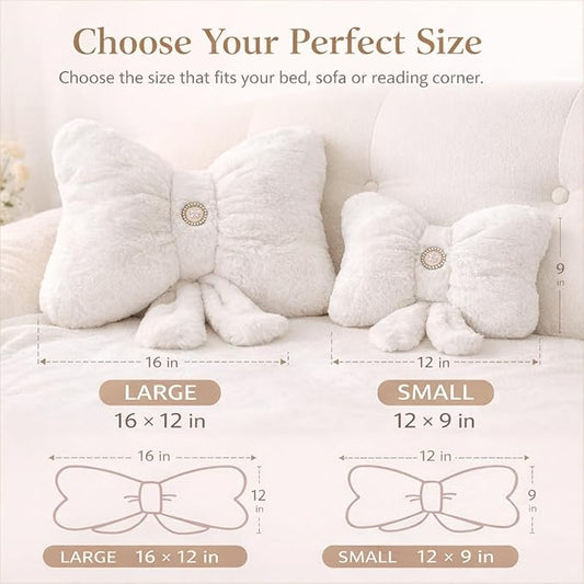 White Bow Pillow 16x12 Inch, Cute Plush Bow Shaped Decorative Accent Pillow, Coquette Room Decor for Teen Girls Bedroom Bed Sofa Chair