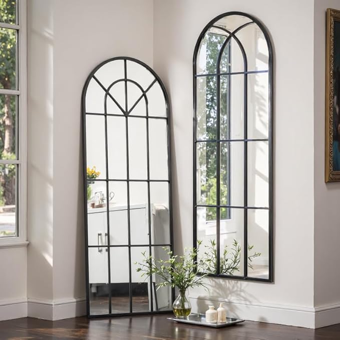 OGCAU Full Length Mirror, 65"x22" Arched Window Floor Length Mirror, Hanging or Leaning, Full Body with Iron Frame, Window Pane Wall Mounted Home Decor for Bedroom Living Room (Black)