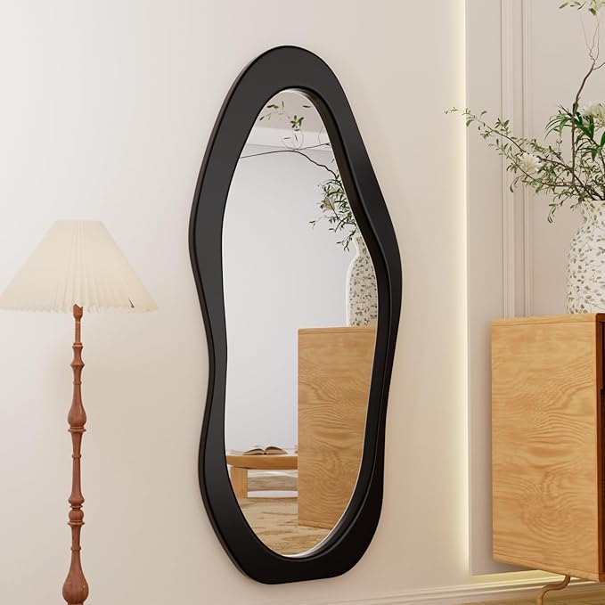 67"x 30" Irregular Wavy Full Length Mirror Black Wooden Framed Full Body Mirror Hanging/Leaning Wall Mounted Mirrors for Bedroom Living Room Cloakroom