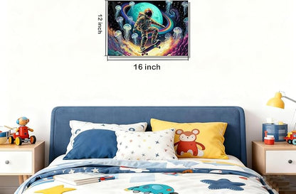 12x16 Framed Space Astronaut Skateboard Canvas Wall Art Colorful Galaxy Print with Jellyfish Rainbow Cosmic Teen Boys Room Fantasy Decor Kid Bedroom Funny Earth Poster Child Study Room Office Picture