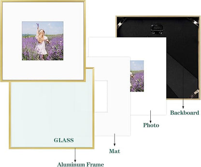 Golden State Art, Gallery Wall Frame Set of 6 - Gold 8x8 Aluminum Photo Frames with Mat for 4x4 Pictures - 8 x 8 inch Metal Frame with Real Glass Cover - Elegant Home or Office Decor
