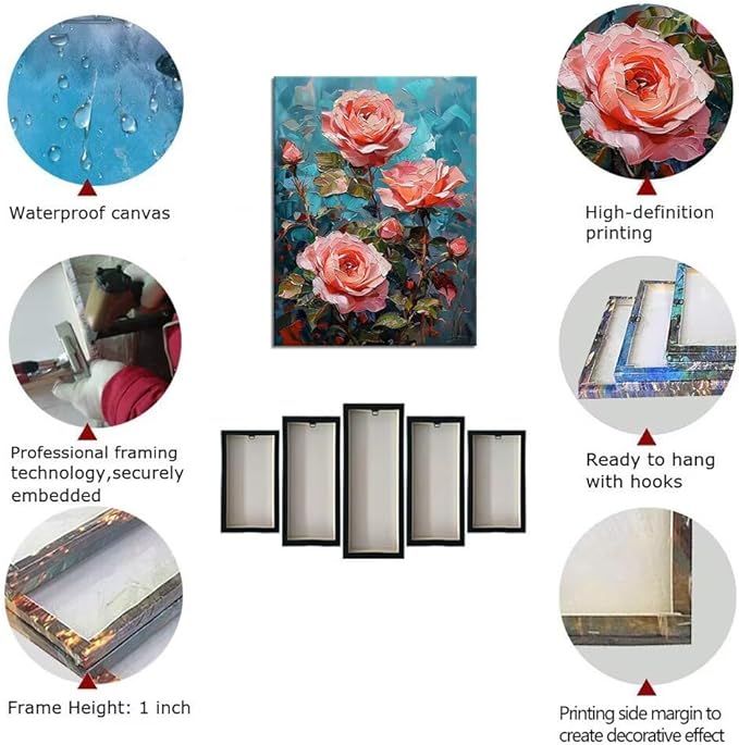 Wall HDQ Red Roses Oil Painting Modern Flowers Canvas Painting Artwork for Living Room Bathroom Bedroom Home Decorations Framed