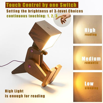 Novelty Unique Wood Dinosaur Table Lamp for Bedroom, Bedside, Kids Room - 3 Levels Dimmable Touch Control Adjustable Robot Design Natural Finish Desk Light for Living Office Farmhouse (Black)