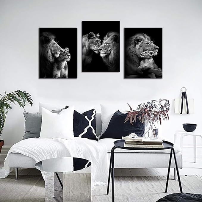 Black and White 3 Panels Lions Pictures Wall Art Wild Animals Painting Wall Decor Lion and Lioness Pictures Prints Artwork Living Room Kitchens Decor, Framed 12 W x16 Hx3pcs