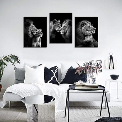 Black and White 3 Panels Lions Pictures Wall Art Wild Animals Painting Wall Decor Lion and Lioness Pictures Prints Artwork Living Room Kitchens Decor, Framed 12 W x16 Hx3pcs