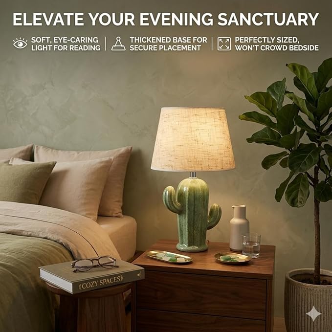 Cactus Lamp, Cute Modern Desk Lamp with Fabric Lampshade & Ceramic Base, Adorable Night Light for Bedroom Nightstand