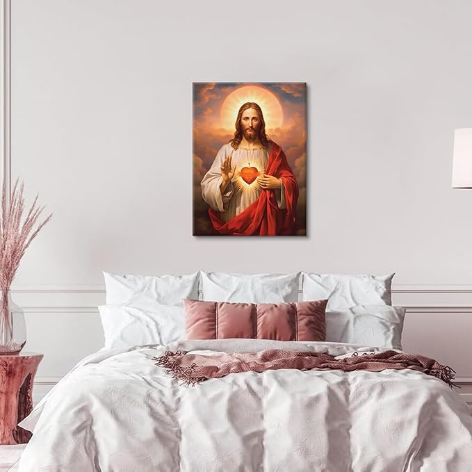 Sacred Heart of Jesus Canvas Wall Art Divine Mercy Painting Picture Wall Decor Religious Christ Jesus Portrait Poster Prints Artwork for Dining Living prayer Room Bedroom Home Decor 12x16in canvas