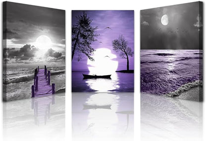 Lapremoly Wall Decorations - Canvas Wall Art for Living Room, Bedroom & Office - Black & White Wall Painting - Purple Ocean Landscape - 3 Panels