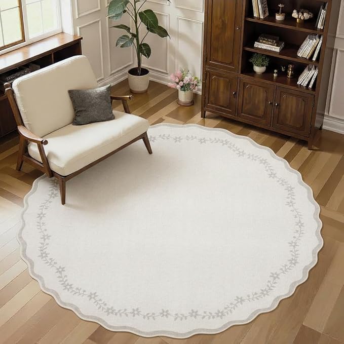 GarveeHome Round Area Rugs 6ft for Bedroom, Solid Beige Washable Circle Rug Soft Non Slip Floral Print Floor Mat Leaves Carpet Indoor Thin Rug for Living Room Dining Room Playroom Nursery