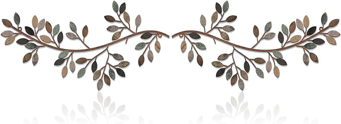 Hotop 2 Pieces Metal Tree Leaf Wall Decor Vine Olive Branch Leaf Wall Art Wrought Iron Scroll Sculptures Above the Bed, Living Room, Outdoor Decoration(Classic Style,Classic Color)