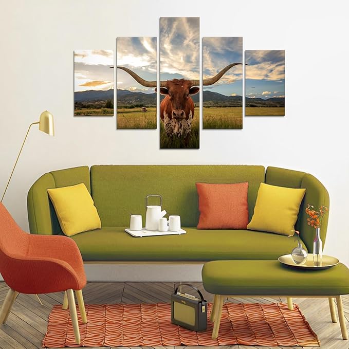 Yatsen Bridge 5 Panels Cow Canvas Wall Art Texas Longhorn Wall Decor Painting for Living Room - 60''W x 40''H