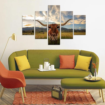 Yatsen Bridge 5 Panels Cow Canvas Wall Art Texas Longhorn Wall Decor Painting for Living Room - 60''W x 40''H