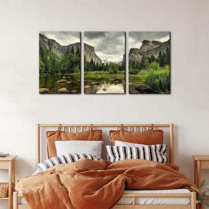 Yosemite National Park Canvas Wall Art Decor 3 Pieces Landscape Wall Art Clear Water Lake Mountain Pictures Painting Prints on Canvas Modern Decoration Stretched Framed Ready to Hang - 16"x24"x3 Panel