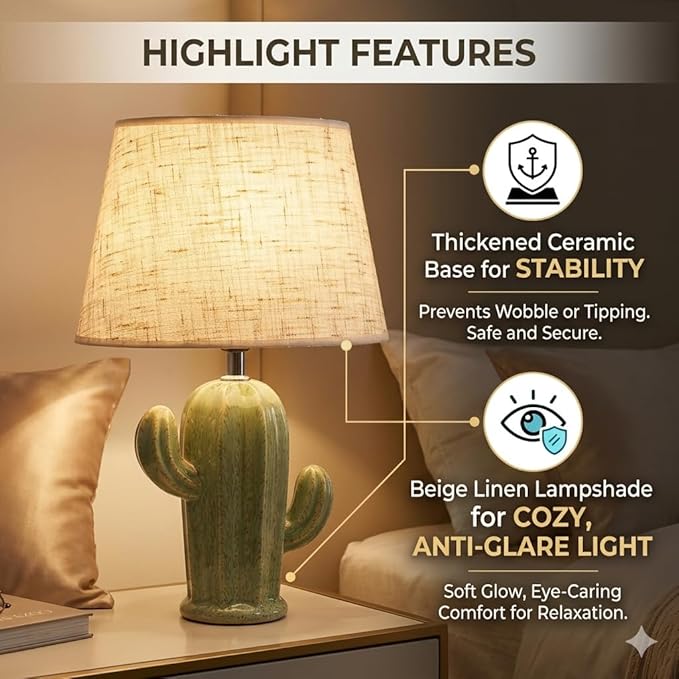 Cactus Lamp, Cute Modern Desk Lamp with Fabric Lampshade & Ceramic Base, Adorable Night Light for Bedroom Nightstand
